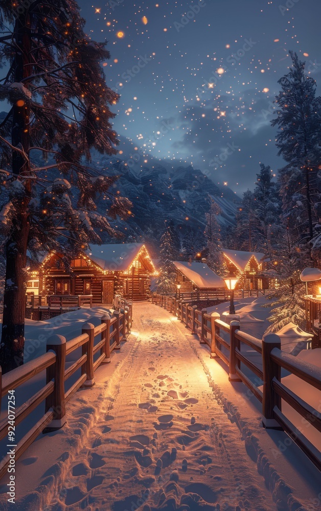 Poster a snowy path leads to a row of log cabins. the cabins are lit up with christmas lights, creating a w