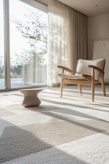 Naklejka premium Scandinavian carpet pattern featuring clean lines and subtle geometric shapes in shades of light gray, white, and muted beige. The carpet is placed in a bright, airy room with modern furniture