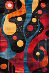 abstract carpet pattern inspired by Expressionism, with bold splashes of color, swirling shapes, and dynamic lines. The pattern includes bright reds, blues, and yellows against a dark