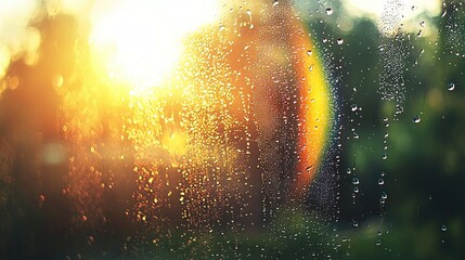   Raindrops on window glass, rainbow in center