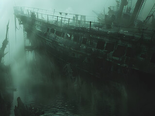 Restless spirits linger on abandoned shipwreck, haunted by ghostly sailors lost at sea long ago.