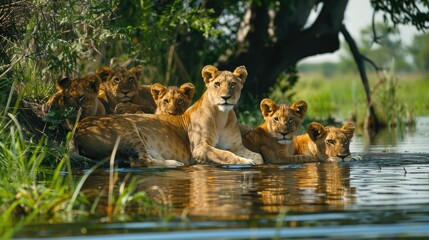 Fototapeta premium Wild Lion family Delta Botswana AI generated