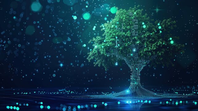 Digital tree with sprouts and binary code in glowing futuristic polygonal style. Poster for an educational program for children. Technology training for teenagers. Vector illustration AI generated