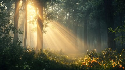 Obraz premium Sunbeams Through Misty Forest