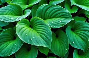 Obraz premium A close-up view of vibrant green leaves adorned with delicate dew drops.