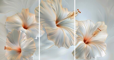 3D wall mural, white hibiscus flowers on a light blue background, three panels
