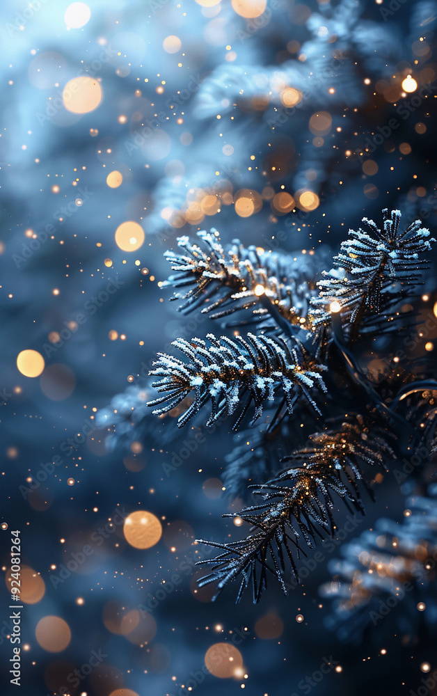 Poster a tree with snow on it and lights shining on it. the snow is falling and the lights are creating a w