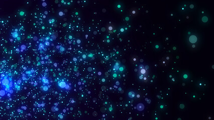 Blue dust particles with bokeh effect. Abstract background of particles. Cosmic galaxy illustration. 3d rendering.