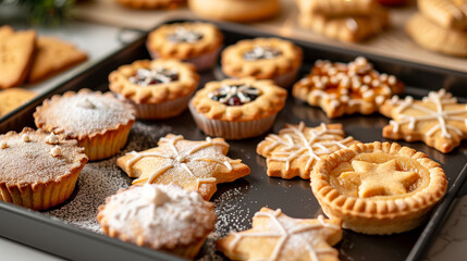 Freshly baked Christmas pies and cookies on kitchen counter