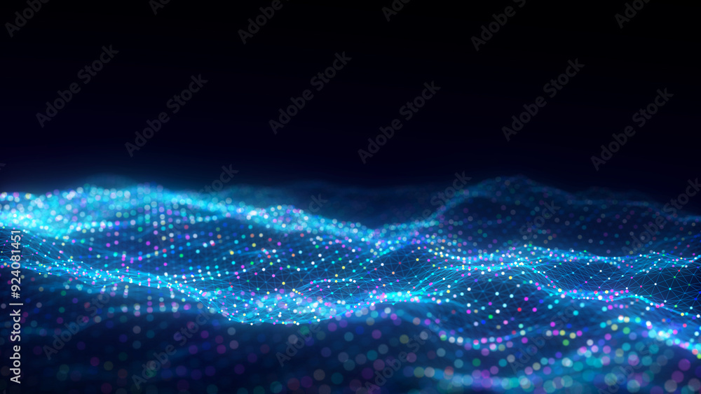 Aufkleber Wave of particles and lines. Big data visualization. Abstract color background with a dynamic wave. 3d rendering.