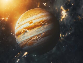 Vibrant image of Jupiter bathed in sunlight, revealing its atmospheric storms and details, with distant celestial bodies in the background