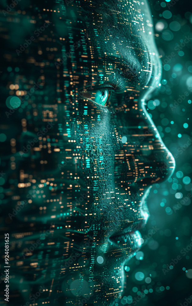Poster a face made of computer code with a blue background. the face is surrounded by a lot of lights and i