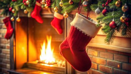 Christmas fireplace with stockings and holiday decorations