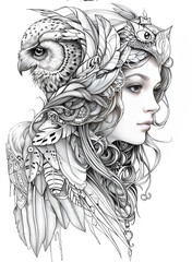 a beautiful druidess with a owl skull headpiece pencil drawing