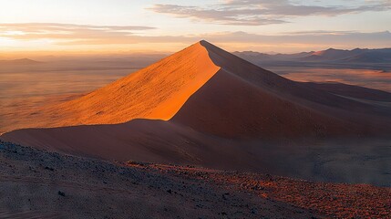 Naklejka premium A towering sand dune stands in the heart of a vast desert landscape, framed by a majestic mountain in the distance and an overcast sky above