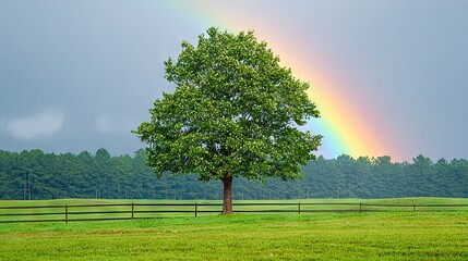   A lone tree stands in a field of green grass with a vibrant rainbow arching over it against a blue sky A wooden fence sits in the foreground, framing the scene