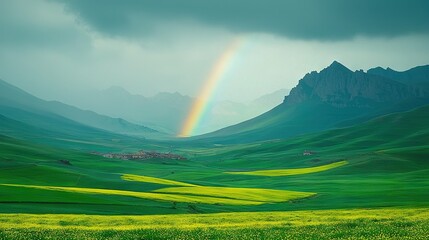 Obraz premium A rainbow illuminates the sky above a verdant valley, framed by towering mountains and lush grass below