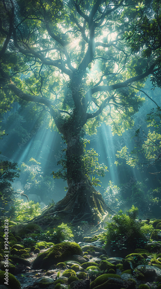Poster a large tree is in the foreground of a forest. the sunlight is shining through the leaves, creating 