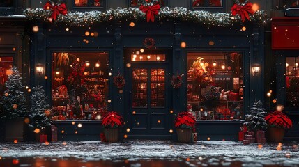 Mockup, Blank Poster Frame, sitting in front of a Christmas Shop, Christmas Decoration around it	