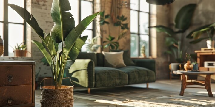 Alocasia Frydek in a bohemian industrial living room with selective focus