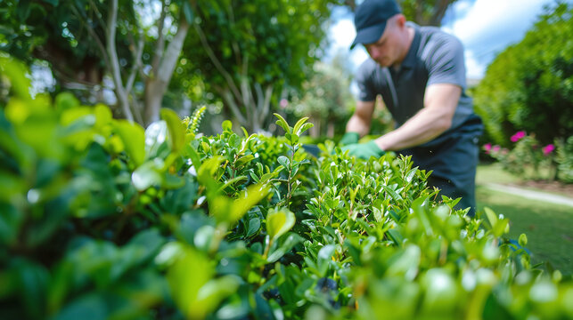 Gardener trimming hedges in a well-maintained suburban garden, with vibrant green foliage