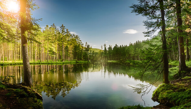  Serene Lake in a Forest with Sunshine- A peaceful image of a serene lake surrounded by _1(601)