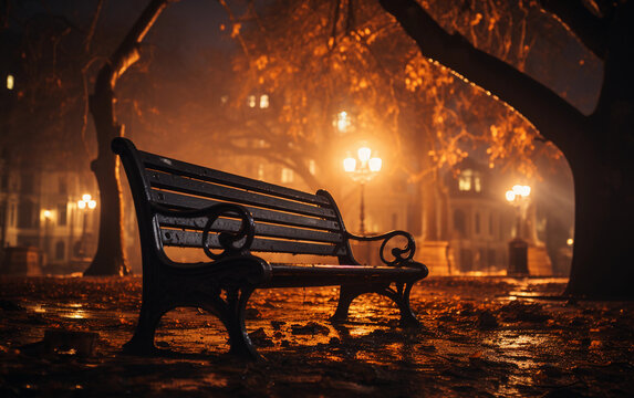 A bench is sitting in a park at night. The park is lit up with lights, creating a peaceful and serene atmosphere