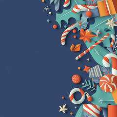 クリスマス模様の背景。ケーキ、雪だるま、サンタ、お菓子、プレゼント、ツリー