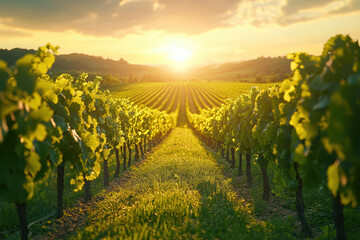 Naklejka premium Bright Vineyard with Green Grass