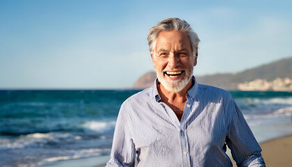  Smiling Senior Man by the Sea- A joyful image of a senior man walking along the sea coast, _1(610)