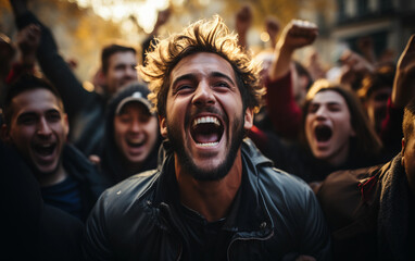 Obraz premium A man with a big smile on his face is surrounded by a crowd of people. The atmosphere is lively and energetic, with everyone enjoying the moment