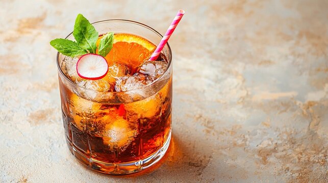   A close-up of a drink in a glass with an orange slice and two colorful straws poking out