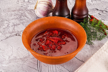 Homemade red soup Borsch with cabbage