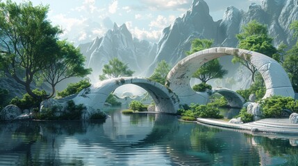 Prismatic Floating Bridges: Bridges with prismatic surfaces, connecting islands in a tranquil landscape.