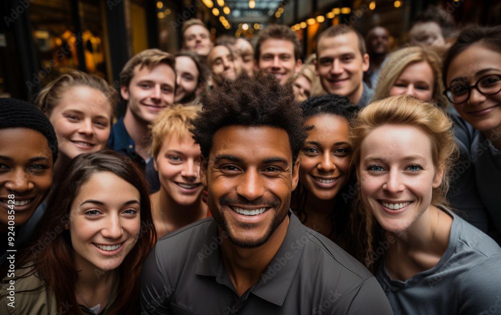 Poster a group of people are smiling for the camera. the man in the center is smiling and has a beard