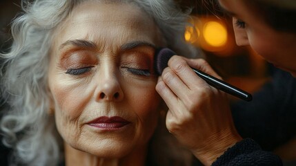 Obraz premium A 75-year-old woman enjoys a makeup session, highlighting beauty and wisdom with a warm, intimate atmosphere.