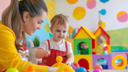  Childcare provider playing with children in a colorful, safe playroom