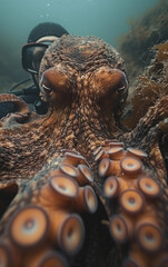 A large octopus with its eyes open and its mouth wide open. The image has a mood of curiosity and wonder