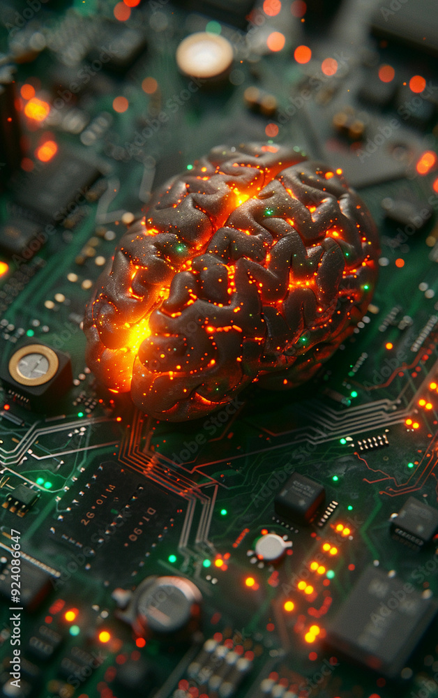 Poster a computer chip with a brain on it. the brain is glowing and surrounded by a green background