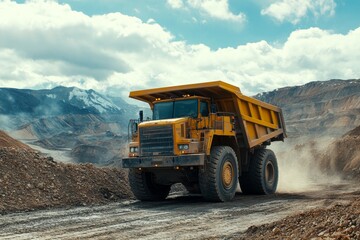 Obraz premium Sunny Day at the Open-Pit Mine: A Dump Truck in Action on a Bright and Clear Day.