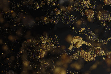 Art black and gold glitter blot drop abstract glow texture background.