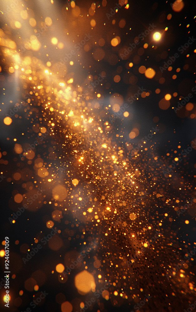 Poster a bright, golden, and sparkling image with a dark background. the image is full of small, bright, an