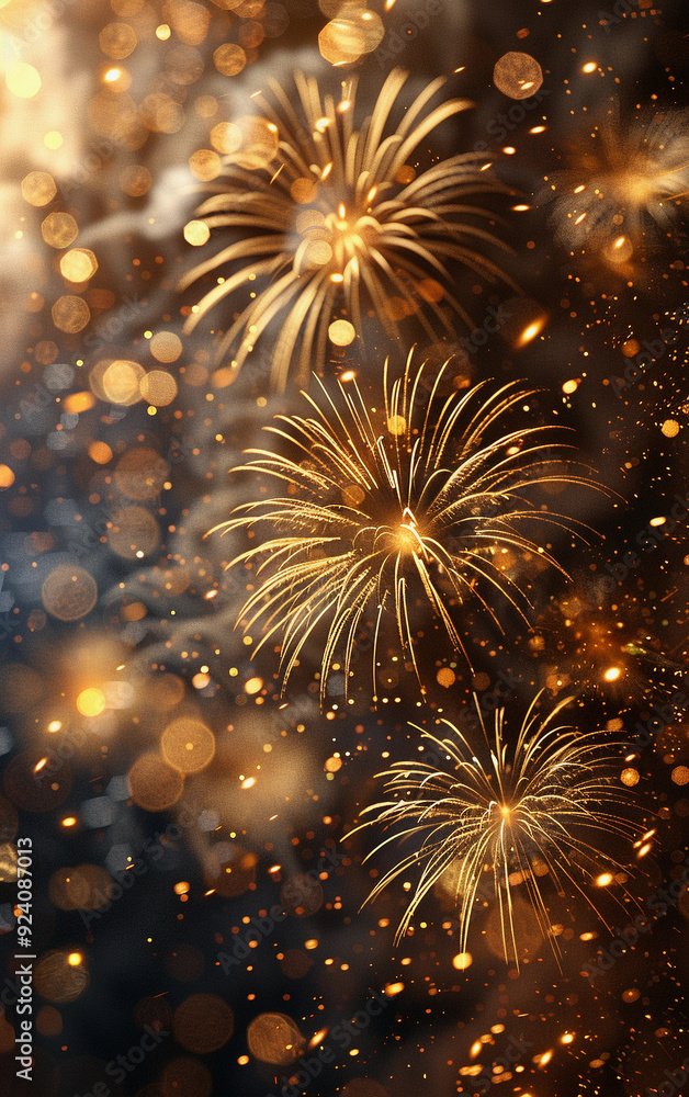 Poster a firework display with three fireworks in the foreground and a few more in the background. the fire