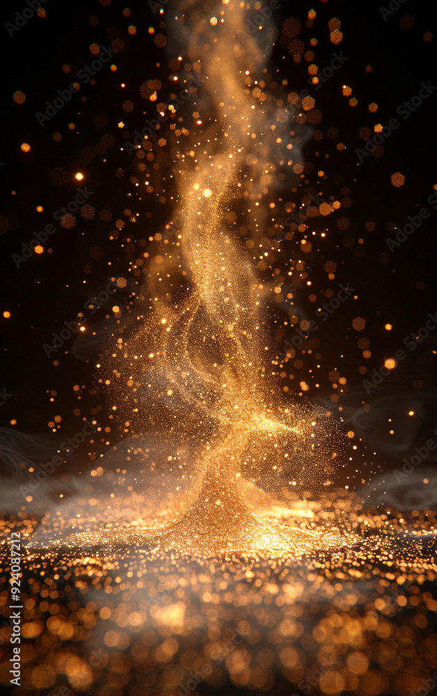 Poster a bright orange flame with a lot of sparkles. the sparkles are falling from the flame and creating a