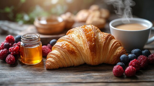 A croissant on a wooden breakfast table with honey, berries, and a cup of coffee, creating a cozy morning atmosphere.