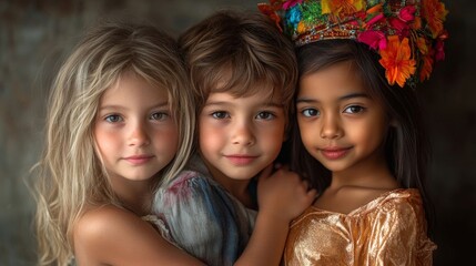 Fototapeta premium Three children of different ethnic backgrounds hug each other, celebrating friendship, dressed in colorful outfits.