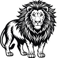 a black and white drawing of a lion with a black mane