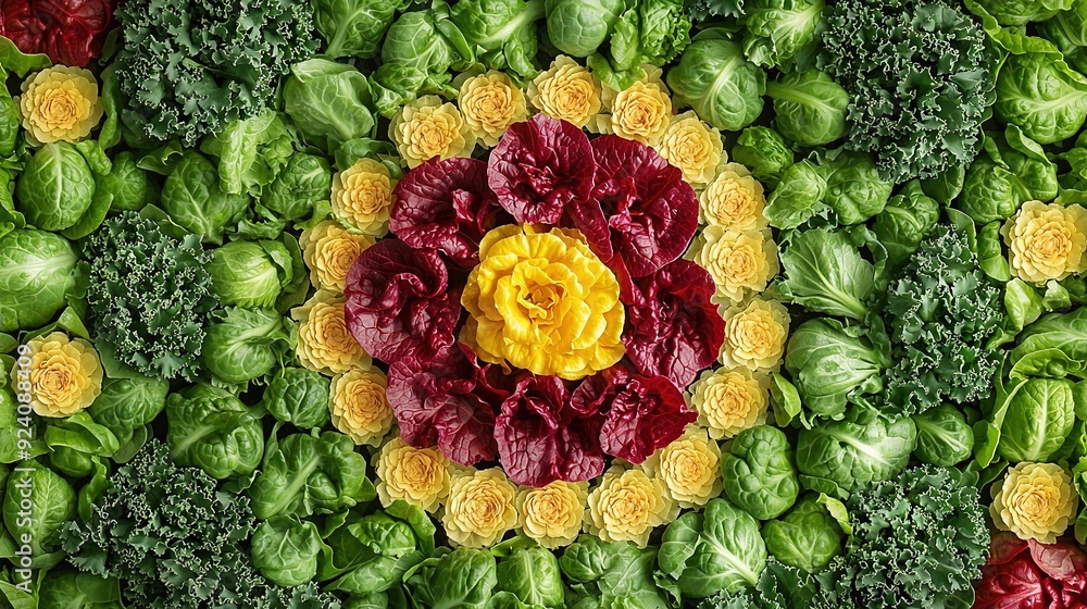 Poster   A clearer image of a cluster of vegetables with a sunflower at its center, positioned towards the top of the frame