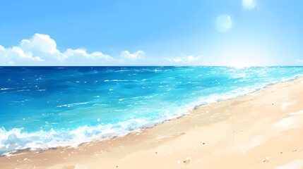 Fototapeta premium - An illustration of a bright, sunny beach with sparkling clear blue waters and soft sand, creating a perfect summer day scene