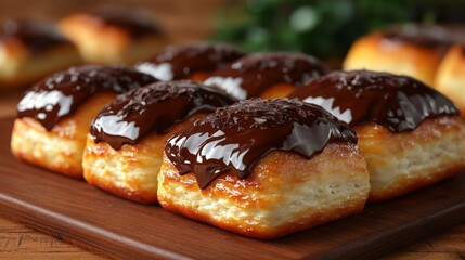Delicious biscuit rolls topped with glossy chocolate glaze, arranged on a wooden board, perfect for snacks.